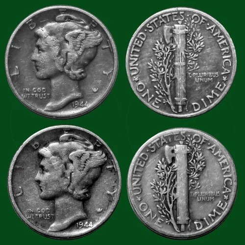 2 1944 Sliver Mercury Liberty Head Dimes Circulated Ungraded Fine Condition