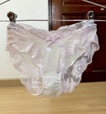 Vintage Silky Light Nylon Panty Sheer Pink Floral Lace Bikini Sz.5 Hi Cut Brief
