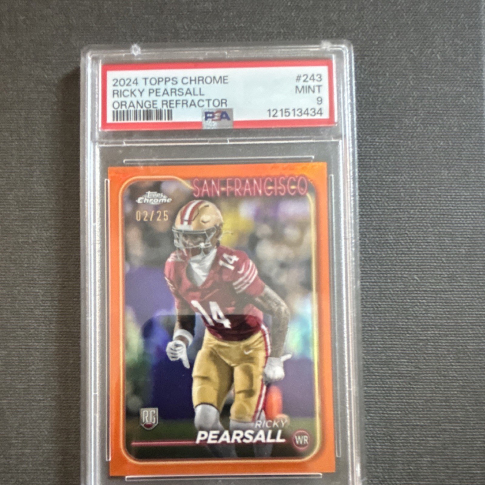 Topps 2024 Chrome Ricky Pearsall Orange Refractor Rookie #243 49ers PSA 9 12/25