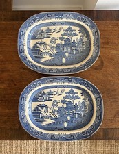 A Pair 19thC Ironstone Blue and White Willow Pattern Meat Dish 45 x 35cm