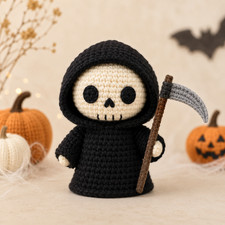 Halloween Dark Crochet Grim Reaper Doll 10cm, Handmade Amigurumi Reaper Plush