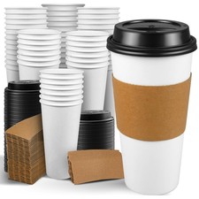 100 Pack 20 oz Disposable Paper Coffee Cups with Lids and Sleeves To Go Hot