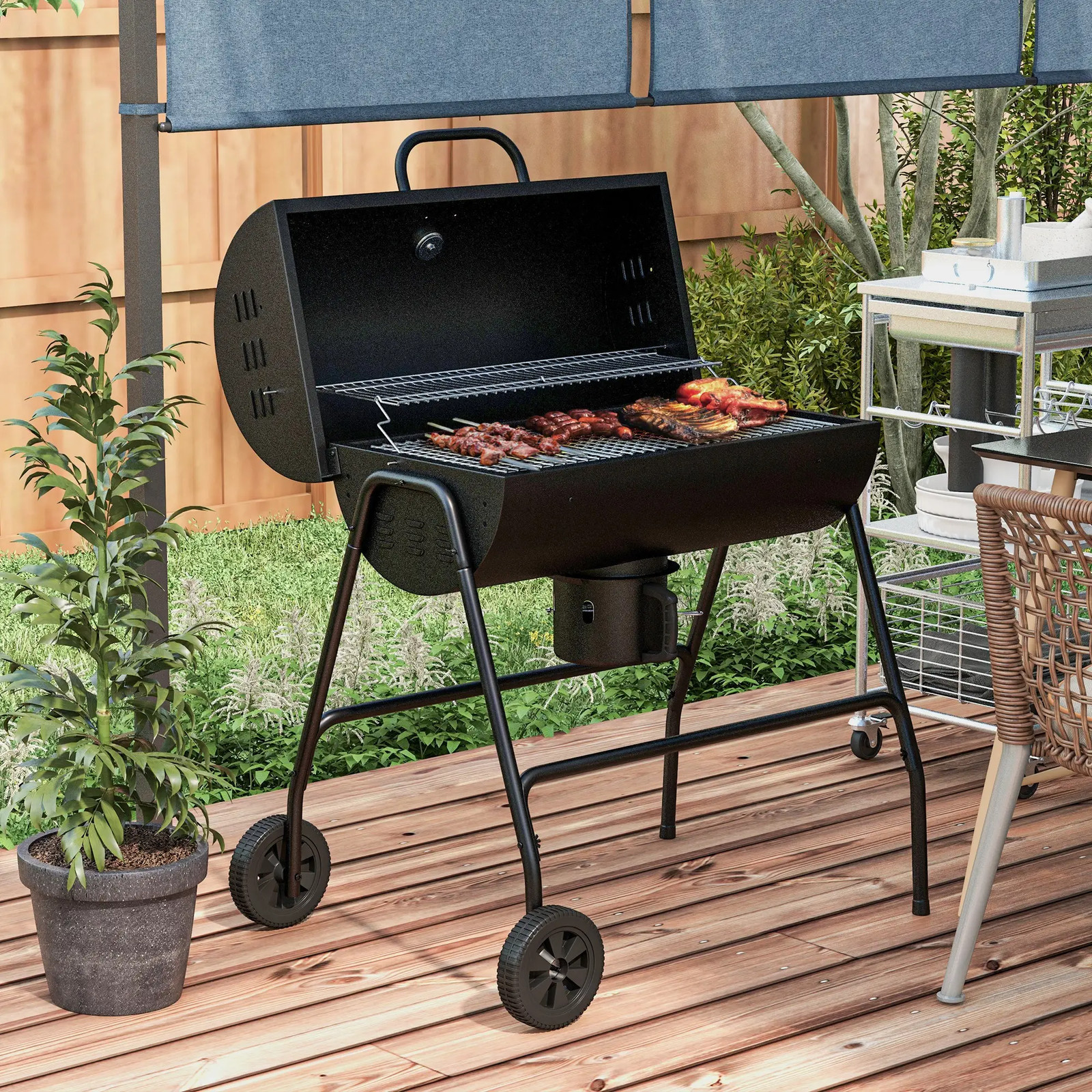 Outsunny Barrel Charcoal Barbecue BBQ Grill Trolley with Ash Catcher Thermometer