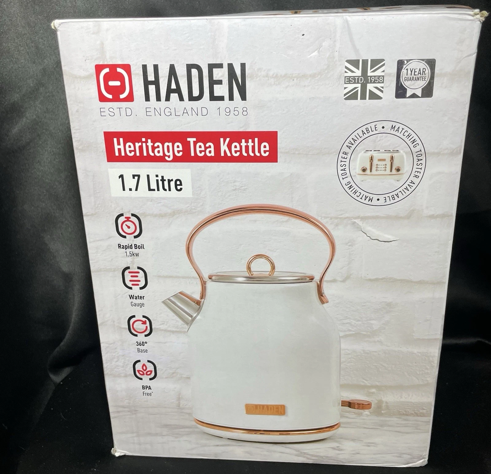 NEW Haden Heritage Stainless Steel Electric Tea Kettle 1.7 L White