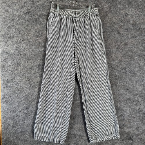 Old Navy Linen Blend Pants Medium Tall MT Wide Leg Gray White Striped High Rise