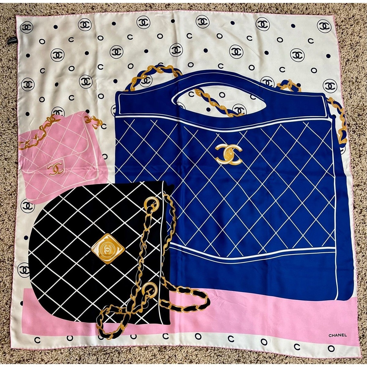 Chanel Silk Pink Black Blue Scarf Ebay Live | eBay