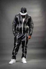 Men's Brayden PU Leather Track Suit Sweatsuit Style Black/White