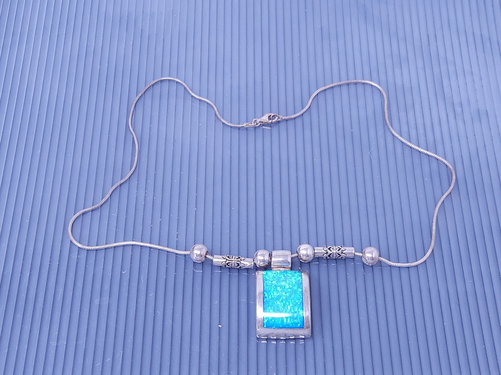 Vtg Sterling Silver 925 Rectangular Blue Opal Inl… - image 2