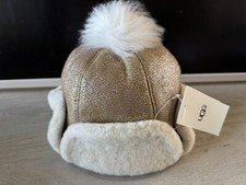 UGG Australia Girls Sheepskin Metallic Pom Pom Chestnut Trapper Hat 4 - 6 Y 145
