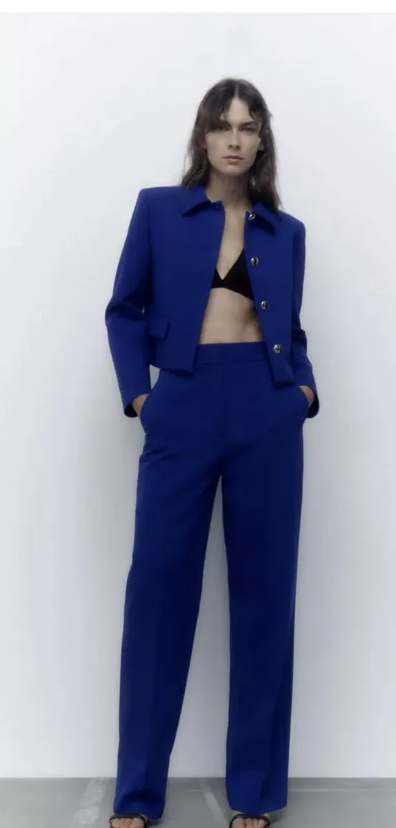 zara cropped blazer And Matching Trouser Set XS. Blue Pants Suit. Silver  Button