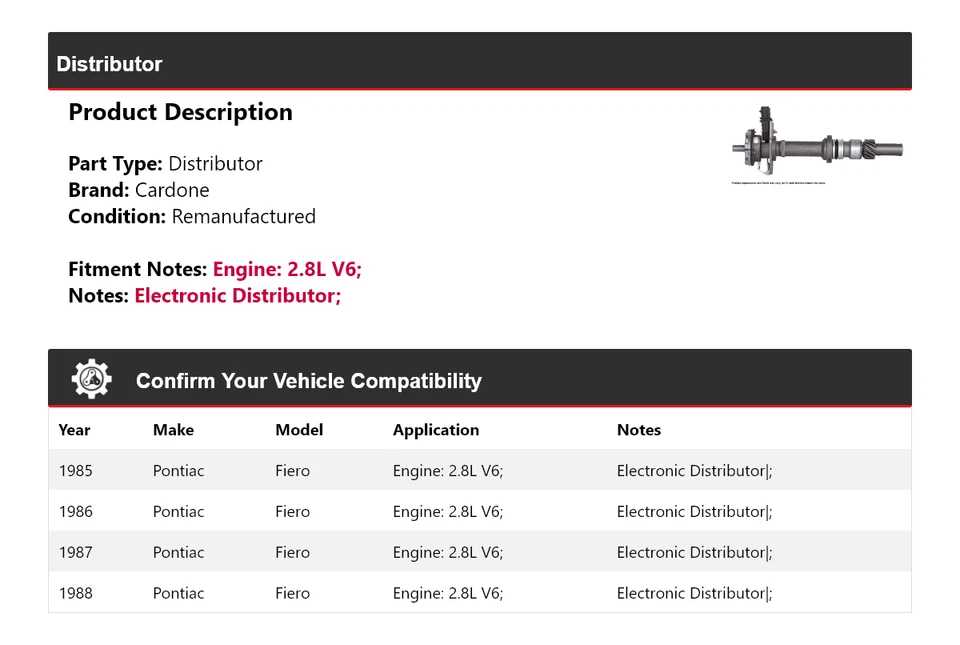 For 1985-1988 Pontiac Fiero 2.8L V6 Distributor Cardone 1986 1987 - Image 2 of 4