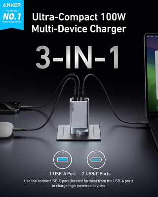 Anker Prime 100W USB C Charger 3-Port Foldable Compact GaN Charger