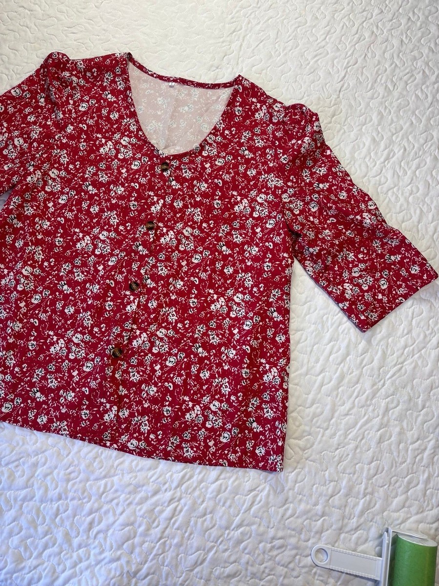 Red Floral Print Casal Button Up Crop Sleeve Blouse size large View 2