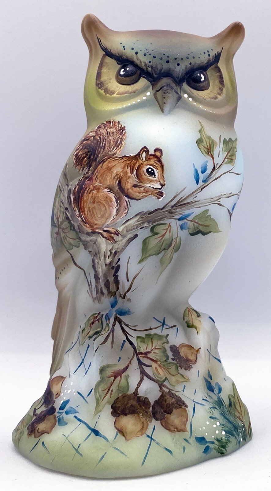 Fenton Art Glass OOAK Michelle Kibbe Painted Squirrel, Acorns Opal Owl Figurine