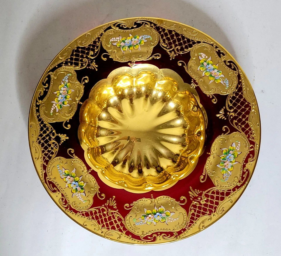 Stunning Tre Fuochi Venetian Murano Glass Enameled & Gold Gilt Rim Bowl Plate - Image 4 of 4