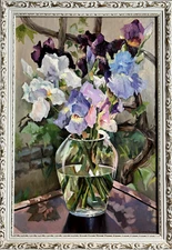 Summer Still life Original Oil Painting IRISES Flowers in glass vase