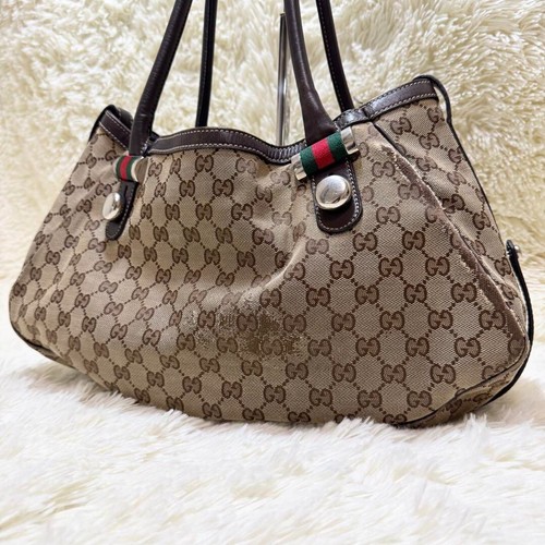 Gucci Sherry Line Tote Bag GG supreme Canvas Leather Browm Used Excellent+ Auth