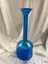 Mid Century Modern Blue Long Narrow Neck Hand Blown Art Glass Vase Tall Vintage