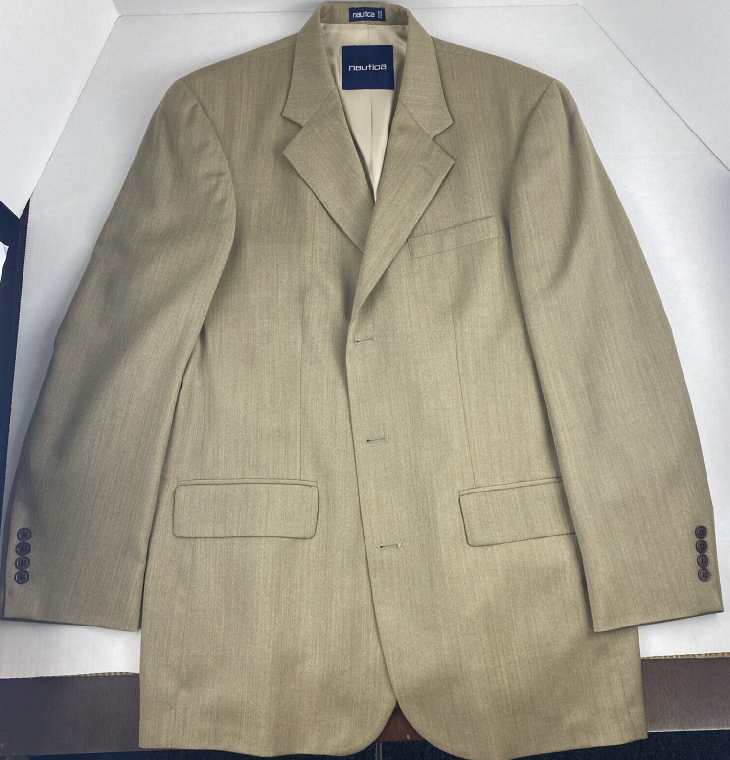 Nautica Men's Sport Coat Blazer Three Button Beige 100% Wool Blend Size 42L