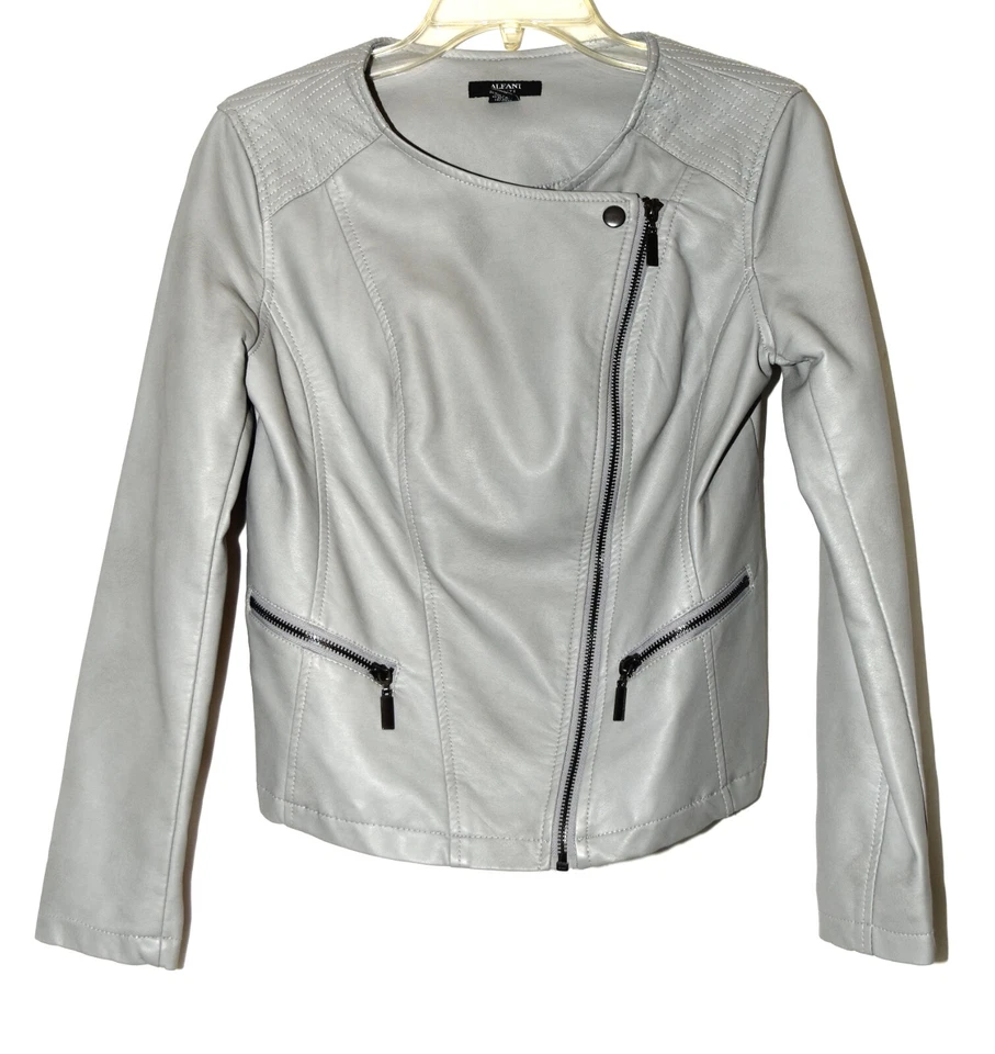 Alfani Moto Gray Faux Leather Zip Pockets Womens Cropped Zip Jacket Size PP - Image 3 of 4