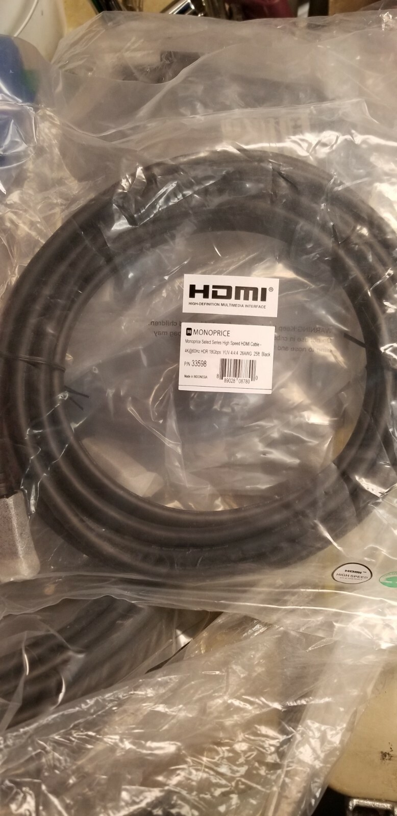 Monoprice High Speed HDMI Cable 25Ft Black 4K@60Hz HDR, 18Gbps, 26AWG, PN 33598