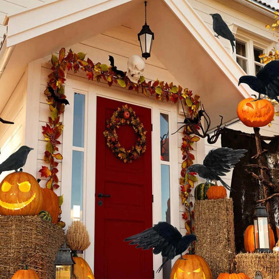 5Pack Halloween Crow Decorations Handmade Realistic Black Feathered Lifesize Fly - Image 4 of 4