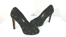 Guiseppe Zanotti Platform Heels Black Suede Shoes Gold Grommet Size US 8