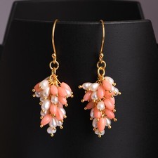 Elegant Graps Design Beaded Pearl & Coral Cultured Pink Handmade Earring Jewelry