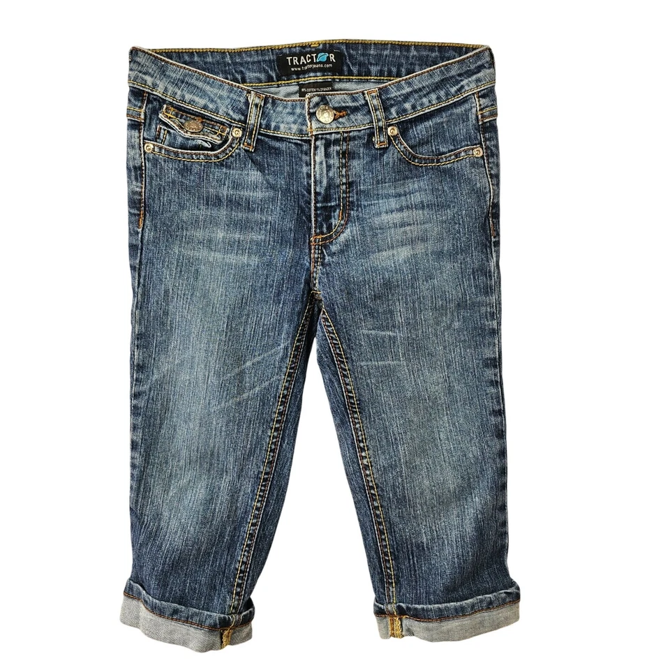 Pantalones de mezclilla Tractor bolsillos con solapa niñas 14 puños enrollados costuras en contraste lavado medio Foto 3 de 4