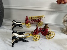 Two Vtg Kenton Cast Iron Horse Drawn Firetruck Fireman Fire Pumper Wagon 10-12  