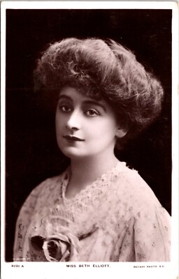 RARE BETH ELLIOTT : EARLY 1900s STAGE ACTRESS IN STRIKING STUDIO PORTRAIT : RPPC