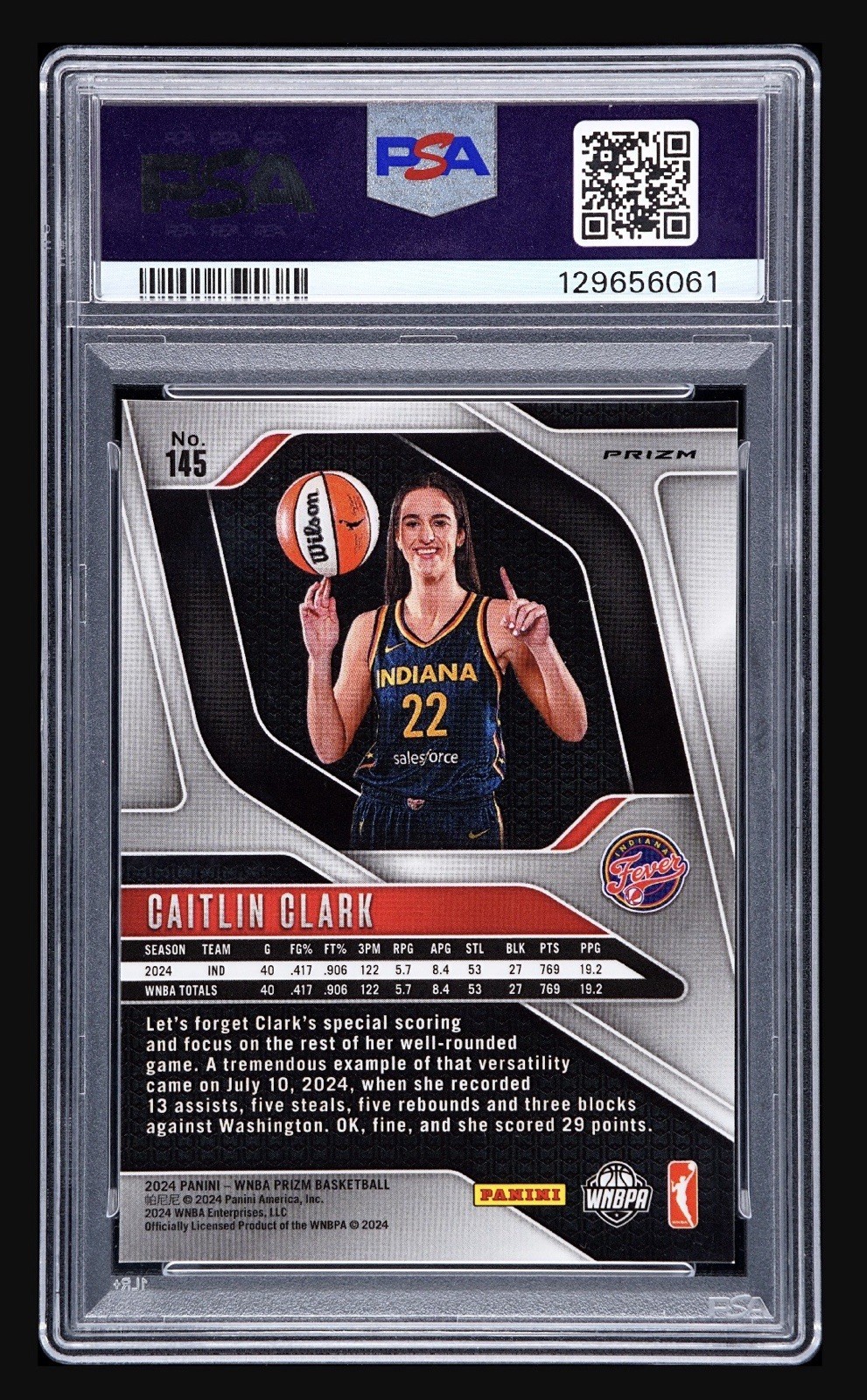2024 Panini Prizm Caitlin Clark Rookie Auto Silver Prizm Auto PSA 10 view 2