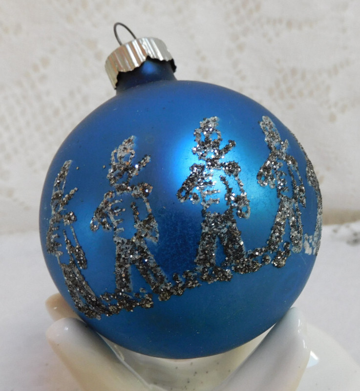 VTG Christmas  Ornament Blue w/ Silver Soldiers  Shiny Brite Glass rare Design!