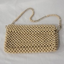 Vntg style Handmade Beige Beaded Purse with Chain Shoulder and Beads 9" x 5"