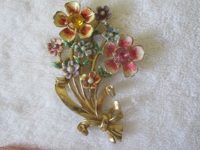 1942 Coro Brooch By A. Katz Bouquet Of Multi Color Enamel Flowers Faux Pearls