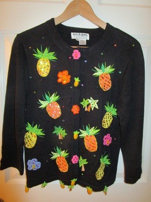 JACK B QUICK PETITES BLACK SEQUIN COLORFUL PINEAPPLE BLACK SWEATER SIZE PS