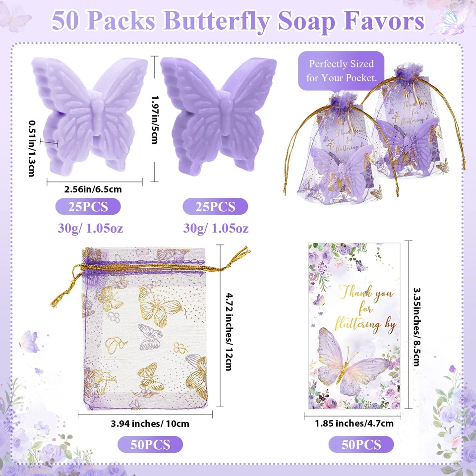 Juego de 50 favores de baby shower con tema mariposa para invitados favores de jabón mariposa con... Foto 2 de 4