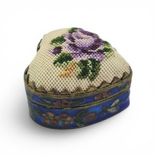 Vintage Cloisonné Enamel Pill Box Heart Box Petit Point Rose Pin Cushion