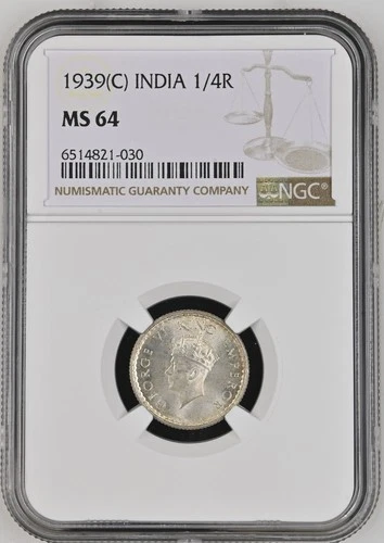 British India 1939 C Silver 1/4 Rupee NGC MS-64