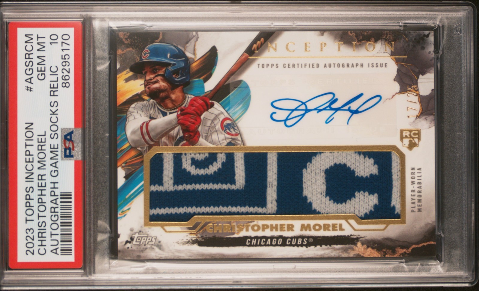 CHRISTOPHER MOREL RC 2023 TOPPS INCEPTION SOCKS ROOKIE PATCH AUTO 17/25 PSA 10