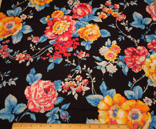 Quilt Fabric By The Half-Yard Large Pink Yellow Blue Floral on Black Cotton PC