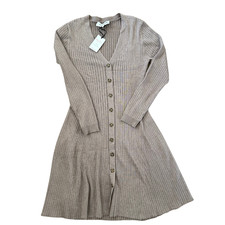 NWT Lucky Brand Ribbed Fitted Button Down Sweater Dress Brown mocha Large