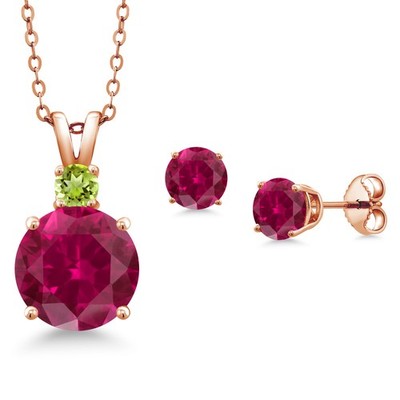 18K Rose Gold Plated Silver Created Ruby and Peridot Pendant Earrings Set For