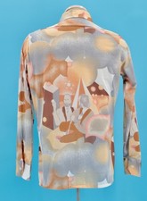 Men's VTG 70s Beige  Brown Abstract Print Shirt Sz M 1970s Disco Polyester