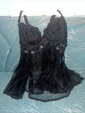 Vtg Shirley of Hollywood Chiffon Teddy Large Black Lace Chemise Sheer Satin Bow