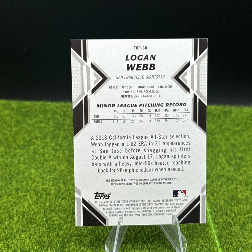 2019 Bowman Platinum - Top Prospects  Logan Webb #TOP-30 (RC) Auto /150 Giants - Image 3 of 3