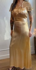 30s 40s Liquid Satin Lace Dress Champagne Gown Maxi Vintage nightgown