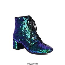 Sequin Ankle Boots Mid Block Heel Pointy Toe Womens Zip Lace Up Shoes Oversize