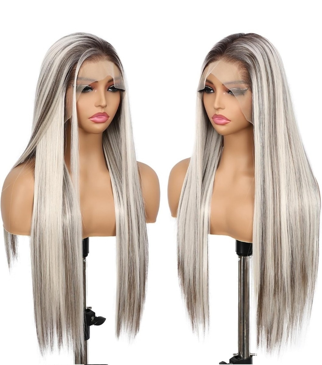 HD Lace Front Wig Human Hair Blend Highlights Long Straight  display picture 2