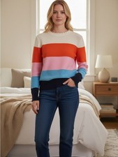 LOFT Striped Crewneck Sweater in Cream, Orange, Pink, Blue  Navy